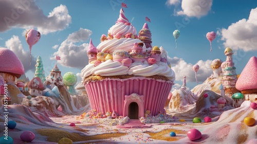 Whimsical Candy Land Landscape with Cupcake Castle under a Cloudy Sky
