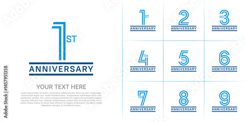 Anniversary logo style double line number set. blue color on white background for celebration event