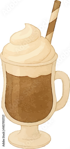 Digital illustration of a delicious iced coffee topped with whipped cream and a striped straw, served in a tall glass, creating a refreshing and sweet beverage