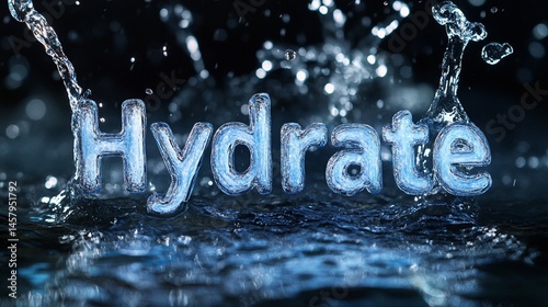 Splash of water creating the word Hydrate in mid-air - dynamic action concept