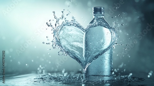 3D illustration of a splash of water forming a heart shape around a bottle - love for hydration.