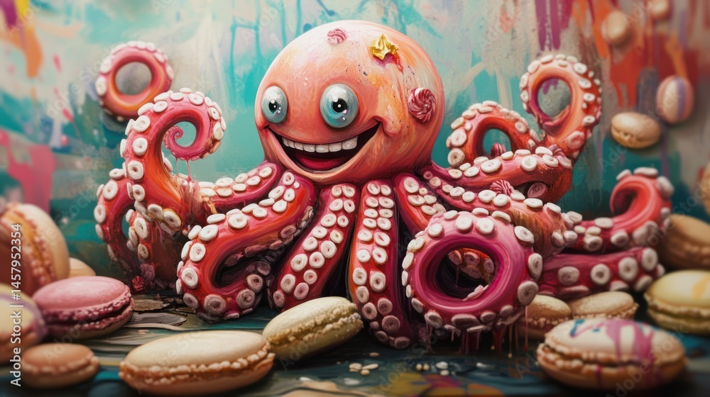 Fototapeta premium Imaginative depiction of a whimsical octopus surrounded by colorful macarons