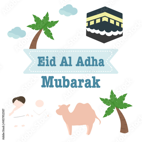 Hajj Pilgrimage with Ka’bah, Camel, and Palm Trees - Idul Adha Vector Illustration
