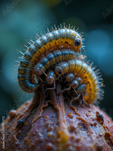 Macro lens reveals larvae crawling atop one another on rotten fruit.
