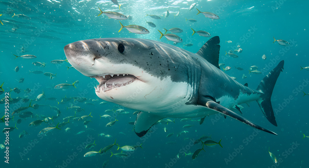 Fototapeta premium Great White Shark Surrounded by School of Fish in Turquoise Ocean Water Sunlight