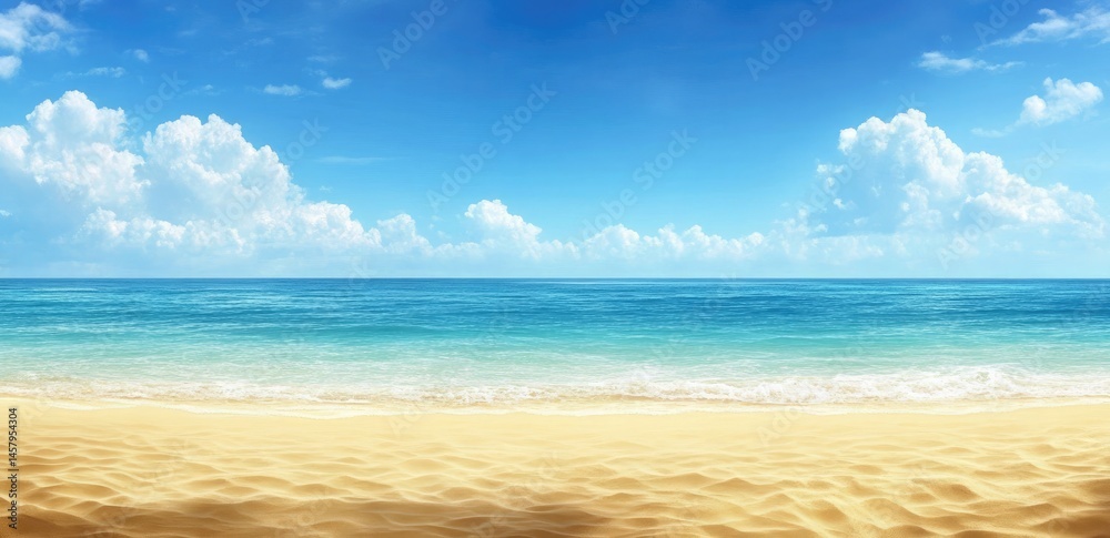 Obraz premium Idyllic Ocean Sandy Beach, Turquoise Waters, and Fluffy White Clouds Horizon