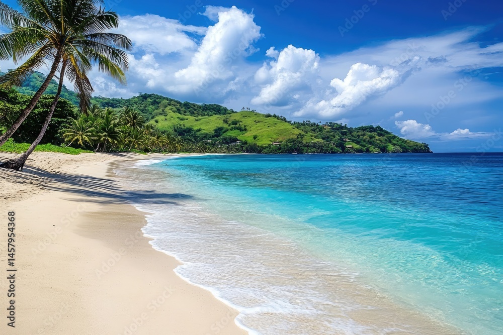 Fototapeta premium Idyllic Beach Palm Trees, White Sand, Turquoise Water & Lush Green Hills