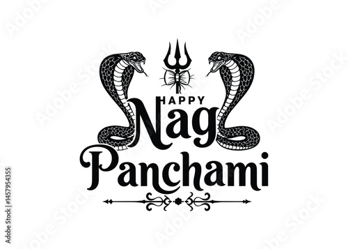 Happy Nag Panchami typography with Snake Trishul Hindu Festival Design Vector with white background .