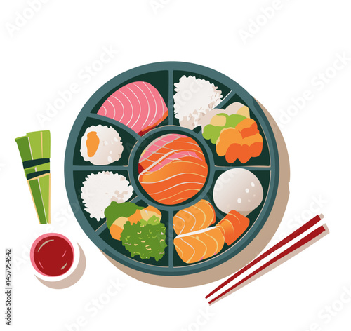 Round Sushi Platter with Rice, Salmon, Egg, and Vegetables in Bento Style


