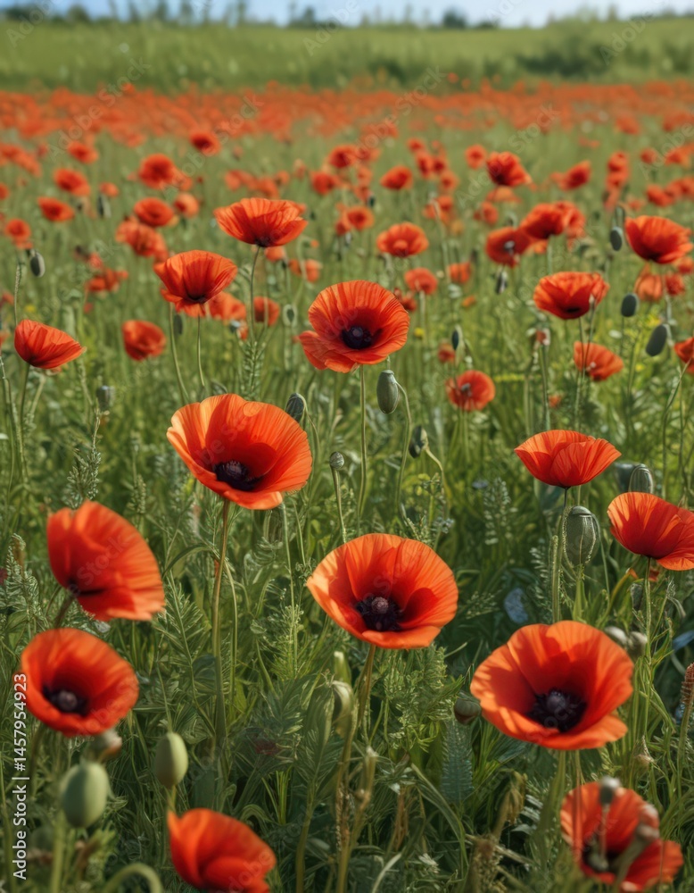 Fototapeta premium Close-up of poppies amidst swaying meadow grasses , photography, image