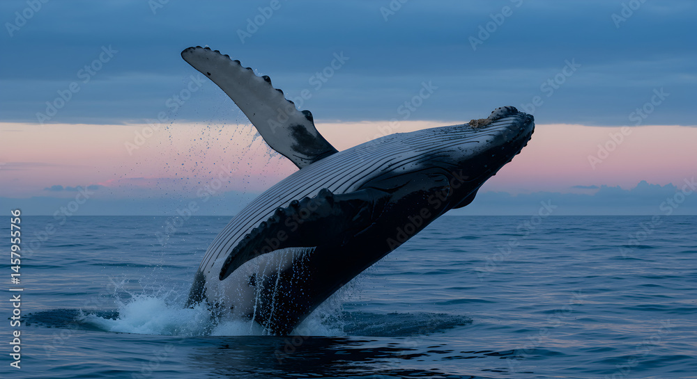 Naklejka premium Humpback Whale Breaching In Blue Ocean With Dusk Sky Marine Wildlife