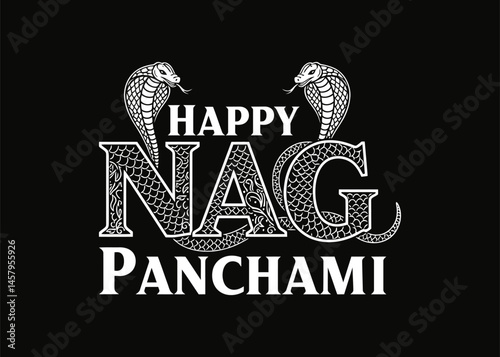Happy Nag Panchami text  Serpent Snake Festival Hindu Vector Design .