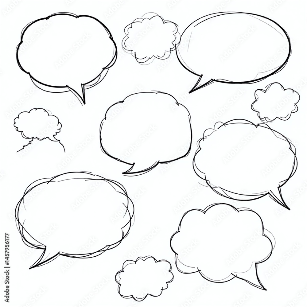 Obraz premium Creative cartoon bubble sketch design, Hand-drawn speech balloon set, Abstract doodle texture in black and white