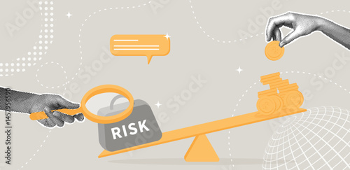 Trendy halftone collage. Risk assessment and investment balance. Concept of expected return, high risk, investment, balance with heavy risk burden, money management. Vector illustration