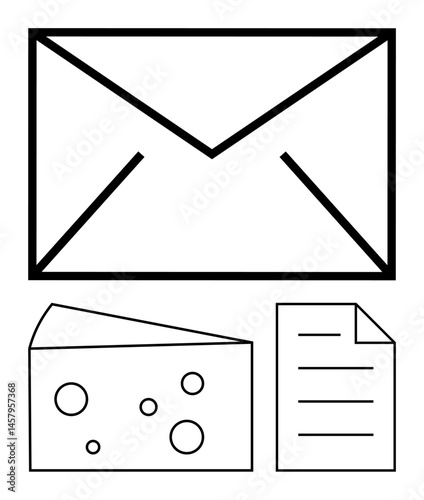 Large outline of an envelope above a piece of cheese and a paper document. Ideal for communication, messaging, creativity, information sharing, content, abstract ideas, problem-solving. Flat simple