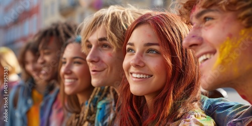 Diverse Inclusive Lifestyle Scenes Concept. A vibrant gathering of young people enjoying an outdoor festival, showcasing joy and diversity in a colorful celebration of life and creativity.