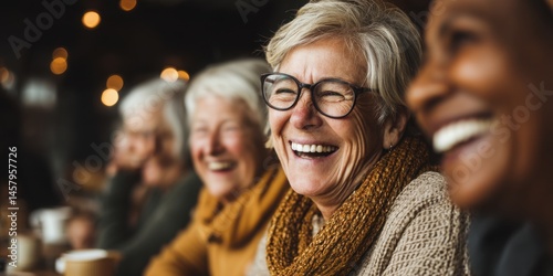 Diverse Inclusive Lifestyle Scenes Concept. A joyful gathering of older women laughing together in a warm cafe, showcasing friendship and happiness in a candid moment filled with connection and joy.