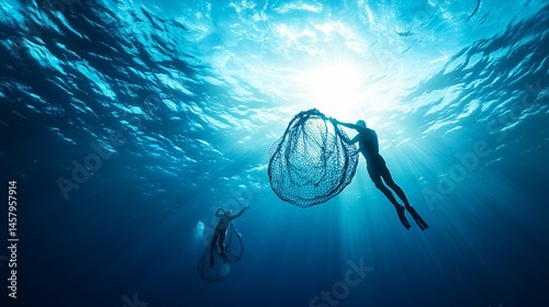 Fishermen Hauling Nets in Ocean Waters with Sunlight Above