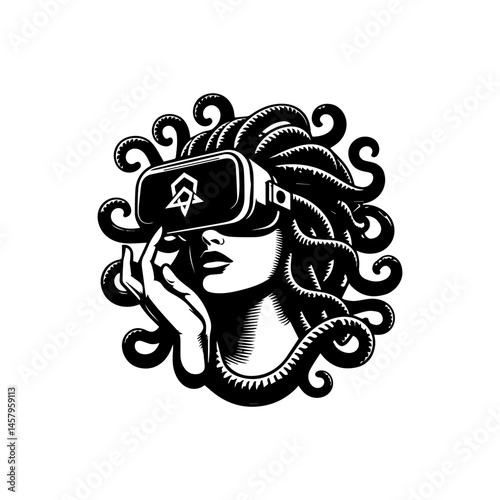 Captivating Medusa with VR Headset Logo Vector Art Illustrating Myth Meets Modern Technology