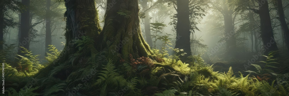 Fototapeta premium Moss-covered tree trunk, vibrant ferns, deep forest shadows , wood, wild