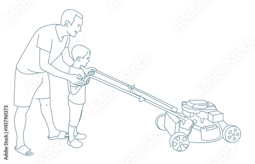  boy helping his father at mowing the lawn in their backyard