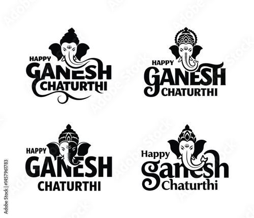 Ganesh Chaturthi Typography Bundle  | 4 Ganesh Typography  Designs | Hindu Festival Vector Art Pack on white background.