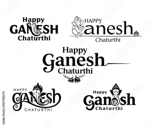 Ganesh Chaturthi Typography Bundle  | 5 Ganesh Typography  Designs | Hindu Festival Vector Art Pack on white background.