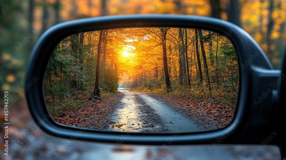 Autumn forest road reflecting in a car mirror offering a scenic view Autumn forest road reflecting in a car mirror offering a scenic view