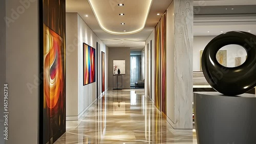 Modern art gallery hallway showcasing vibrant paintings and a sleek sculpture, with soft lighting