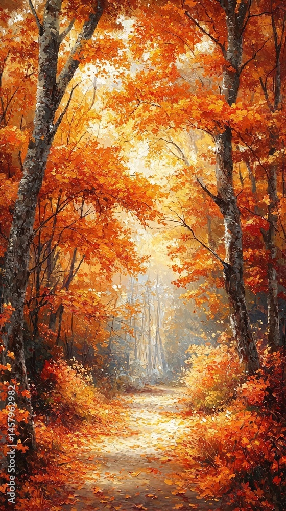 Fototapeta premium Oil painting on forest path in autumn