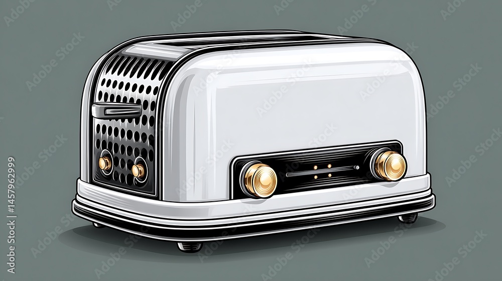 Fototapeta premium Retro White Toaster Vintage Kitchen Appliance Illustration.