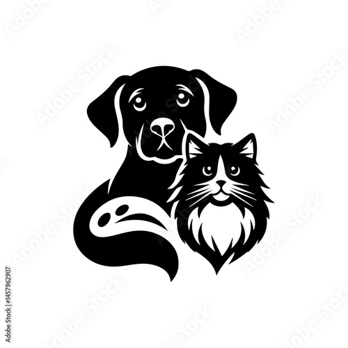 Monochrome playful dog and curious cat with raised tail vector logo design