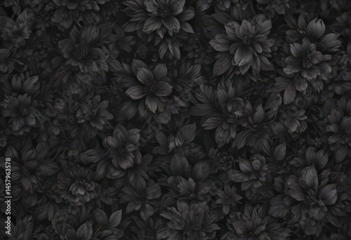 Abstract charcoal floral wallpaper; dark, complex botanicals, seamless repeat, seamless background, modern, pattern