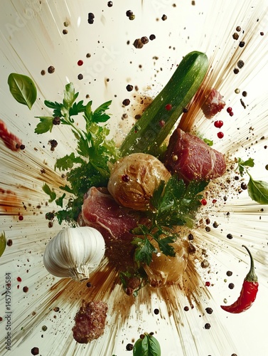 Surreal Floating Vegetables and Meat Ingredients with Fresh Herbs and Spices