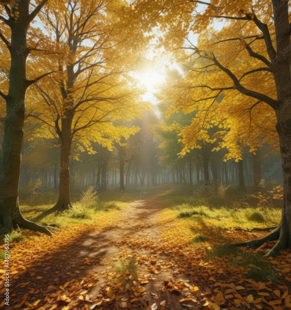 Fototapeta premium Sun-dappled autumn clearing, dense deciduous foliage, vibrant green and gold leaves , overgrowth, trunk, background