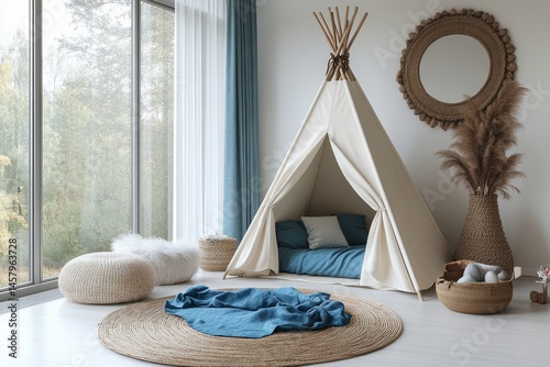 Children's Room with Teepee Tent, Wooden Rug, and Natural Light from Window