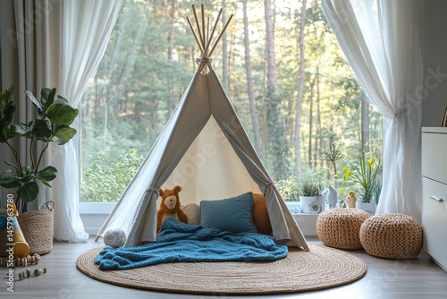 Children's Room with Teepee Tent, Wooden Rug, and Natural Light from Window