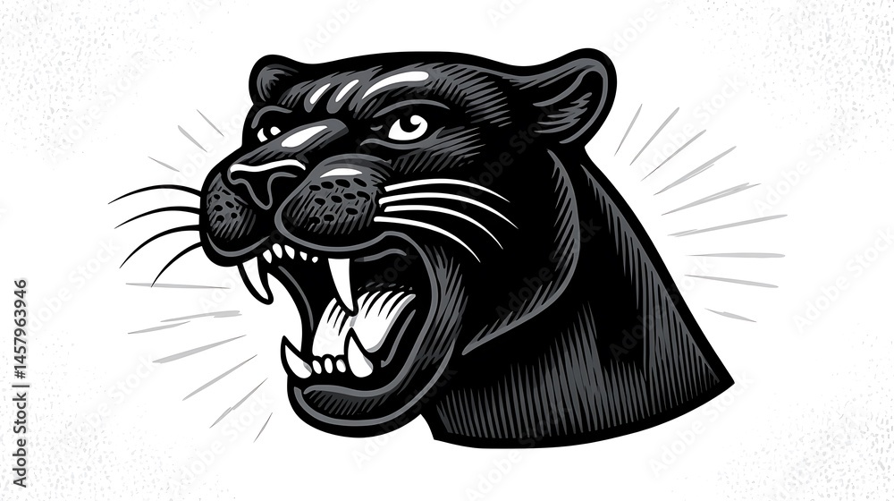 Obraz premium Roaring Panther Head Vintage Black Ink Style Illustration.
