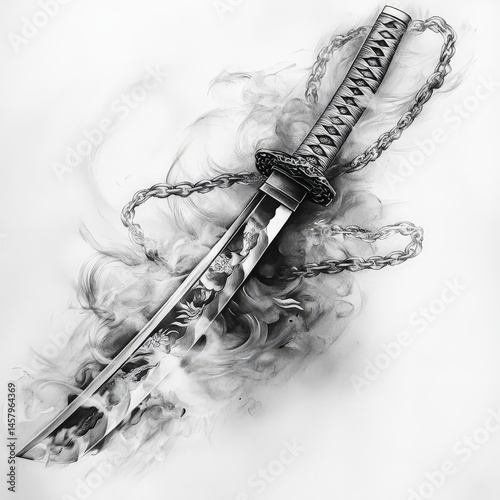 katana, draw, asian, cut, Japan, smoke, black and white, chain, weapon