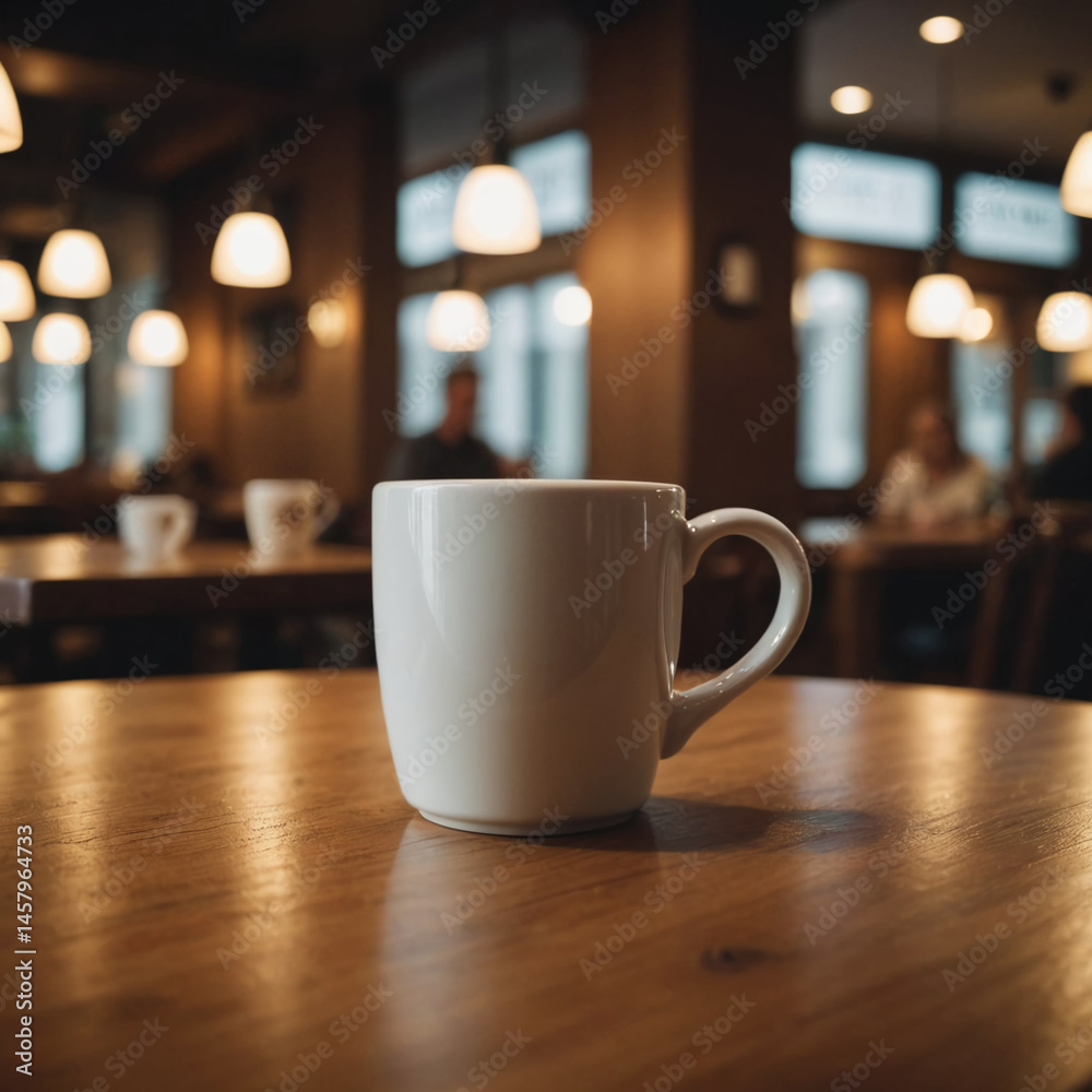 A white coffee mug standing on an empty wooden table A white coffee mug standing on an empty wooden table