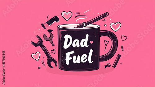 Vector illustration of a coffee mug with Dad Fuel written on it surrounded by hearts and tools.