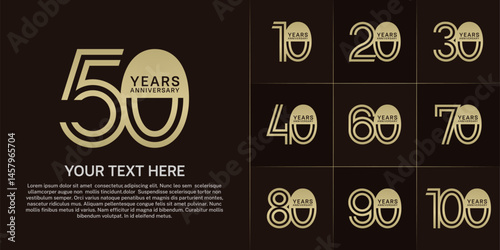 Anniversary logo style double line number set. golden color on brown background for celebration event