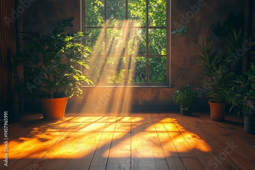 Cozy Home Environment with Sunlight Streaming Through Window and Illuminating Wooden Floors