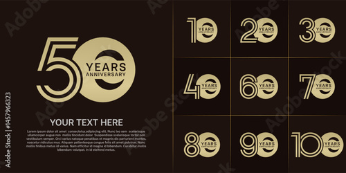 Anniversary logo style double line number set. golden color on brown background for celebration event