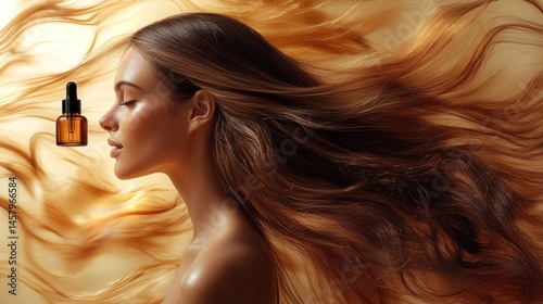 Elegant portrait of a woman with luxurious hair promoting hair serum products