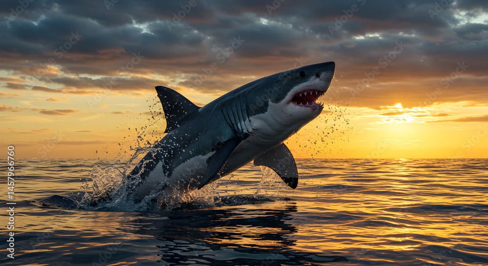 Fototapeta premium Pixelated Shark Leaping From Ocean At Sunset With Vivid Sky And Water Reflection And Pixel Block Style Art