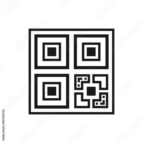 QR code icon. Fake template of quick responce matrix barcode in square grid. Mobile phone camera readable digital label isolated on white background. Vector graphic illustration