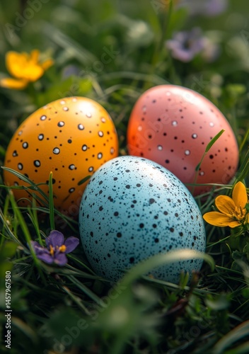 Close-Up of Three Easter Eggs in Grass, White and Colored, Top-Down View