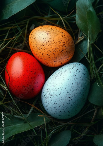 Close-Up of Three Easter Eggs in Grass, White and Colored, Top-Down View