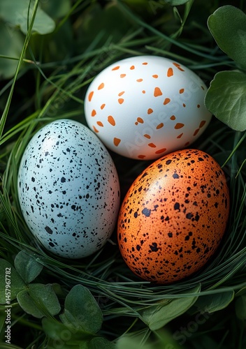 Close-Up of Three Easter Eggs in Grass, White and Colored, Top-Down View